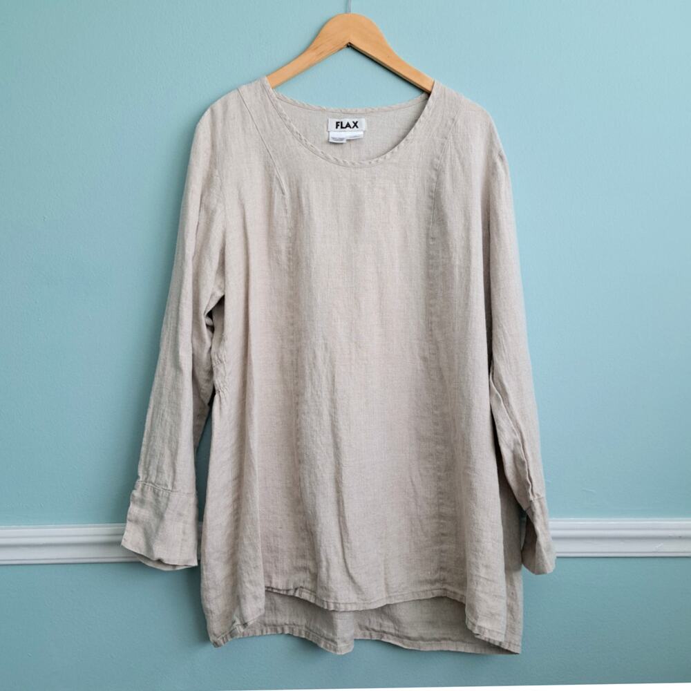 FLAX 100% Linen Long Sleeve Smock Tunic Top Pullover Oatmeal Beige L Large